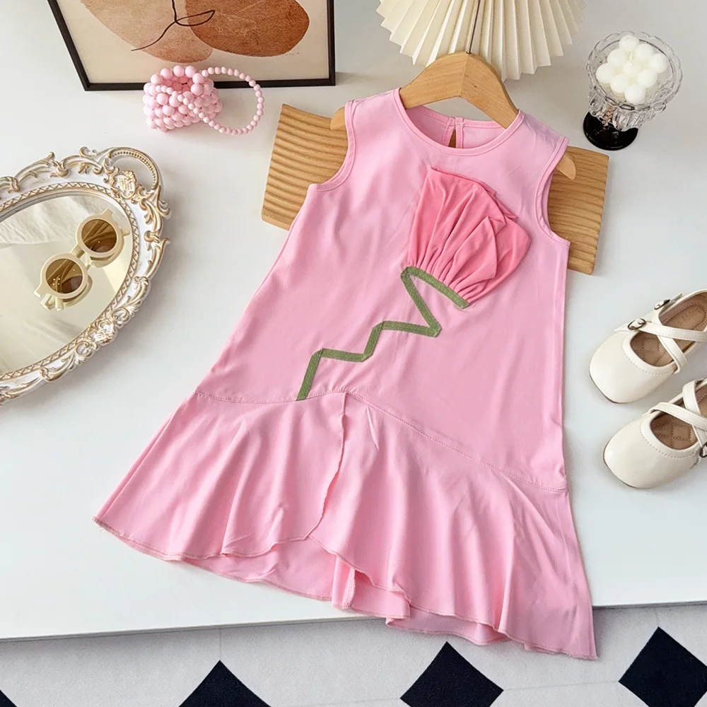 Korean Version Summer Pink Sweet and Cute 3D Flower Round Neck Sleeveless Tank Top for Girls 3-7