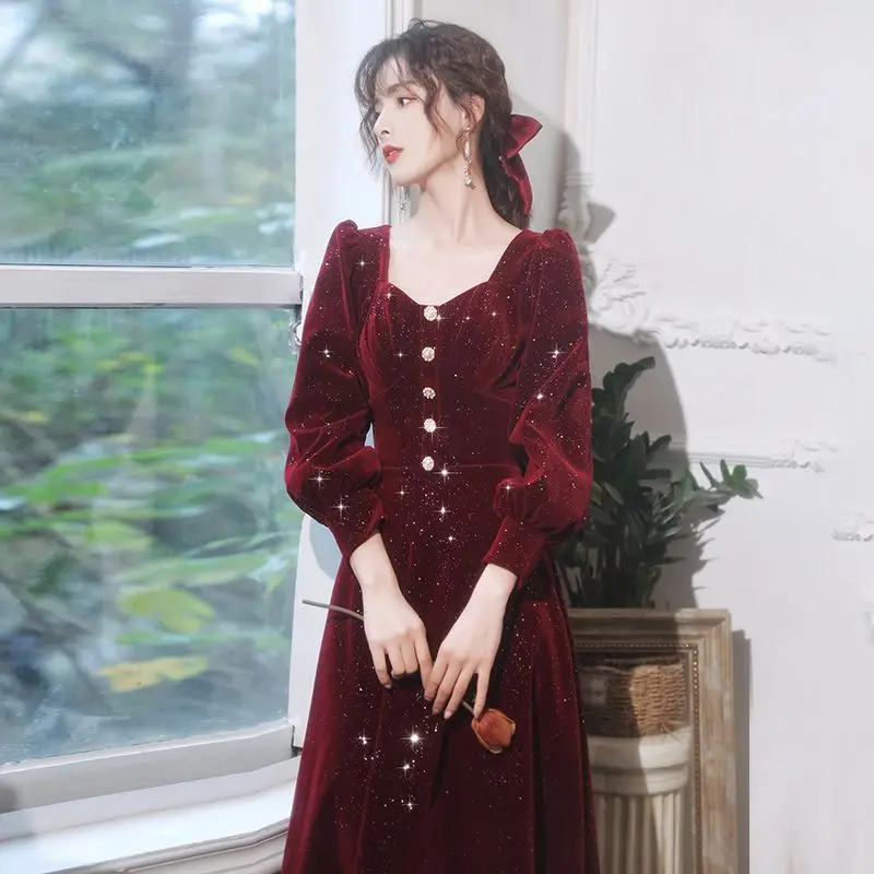 2025 primavera otoño mujeres cuello cuadrado Bling brillo vino vestido de terciopelo rojo, mujer arco delgado vestidos de terciopelo de cintura alta