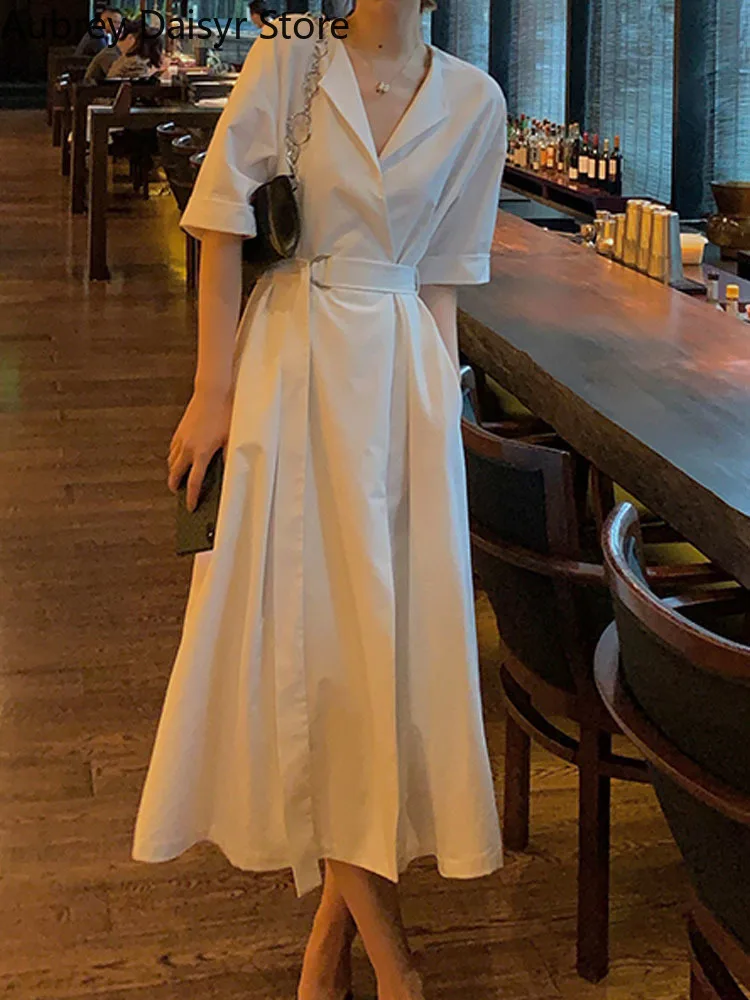 Vintage Elegant White Long Blazer Dress Women Korean One Piece OL Sashes Design Dress Summer Casual Chic Slim Y2k Dress 2022 New