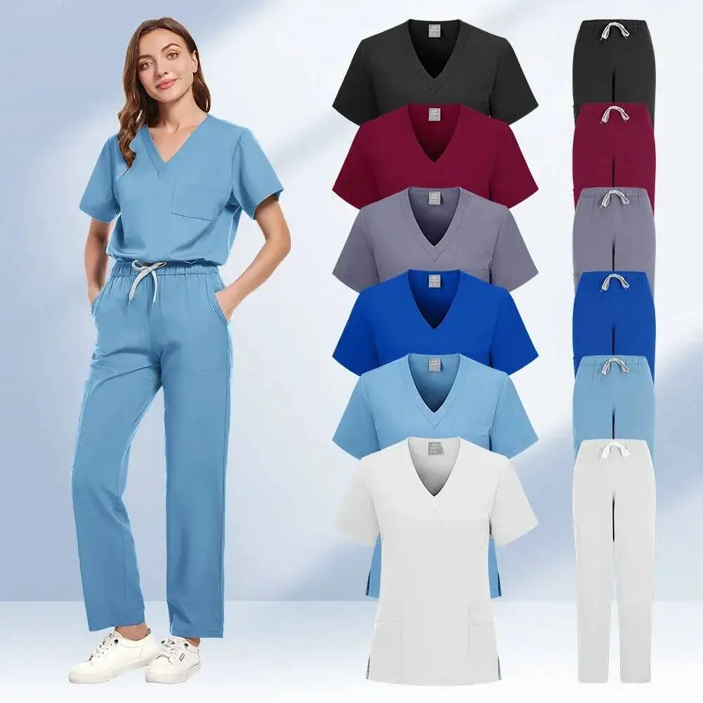 Neue Peelings Set Medizinische Uniformen Stretch Peeling Tops Mit Tasche Hosen Krankenschwester Uniform Arzt Chirurgie Overalls Schönheit Salon Arbeitskleidung