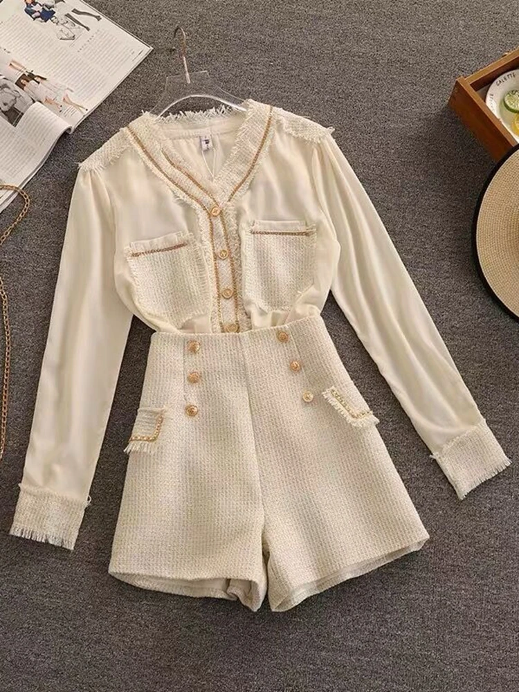Korean Fashion Streetwear Tweed 2 Piece Set Women Long Sleeve Shirt Blouse Tops + Shorts Sets Vintage Two Piece Pant Suits
