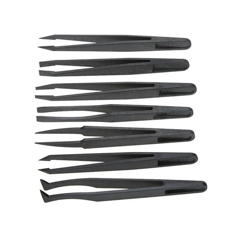 AB11-35Pcs Black Plastic Antistatic Flat Bottomed Top End Tweezers Hand Tools Set