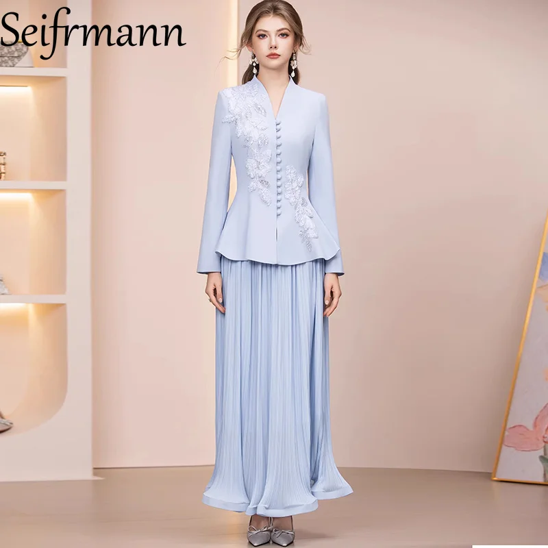 Seifrmann 2026 Spring Women's New Fashion V-neck Long Sleeve Embroidered Diamond inlaid Coat+pleated skirt Chinese style Set