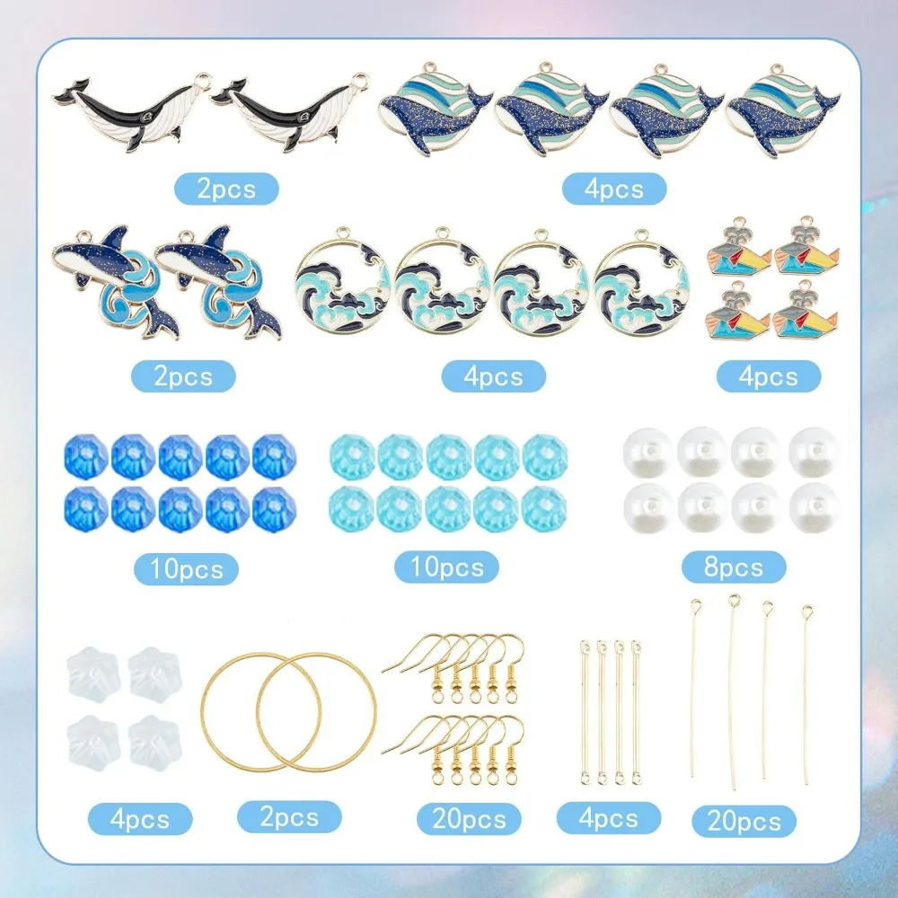 1 Box DIY 8 Pairs Whale Charms Enamel Wave Charm Summer Ocean Earrings Making Starter Kit Blue Sea Flat Round Charms Animal