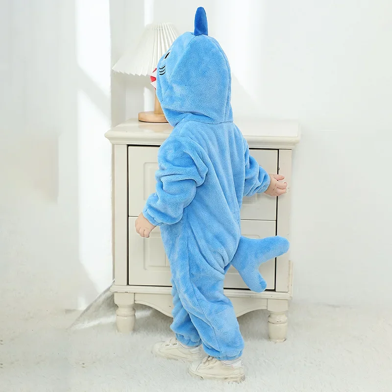 Kigurumis Shark Winter Baby Girls Clothes Romper Boys  Lovely Baby Onesie Bodysuit Cartoon Zipper Hooded Flannel Jumpsuits