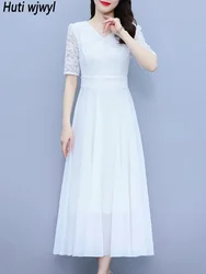 Women Elegant Korean Casual Beach Long Dress Summer Black Chiffon Patchwork Lace Hook Flower Hollow White Party Night Midi Dress