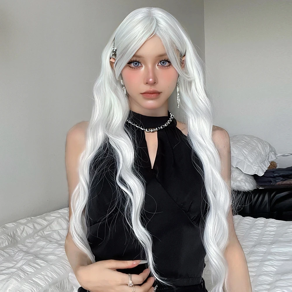 Long Water Wave Wig with Bangs White Colorful Cosplay Silky Wig for Women Daily Party Natural Soft Synthetic Hair Heat Resistant