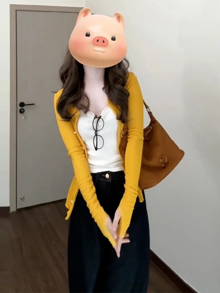 Korean Sle Yellow Knitted Open Cardigan Women's Autumn Winter Slim Fit Long Sve Base irt Inner Wear Soft Polyester Fiber