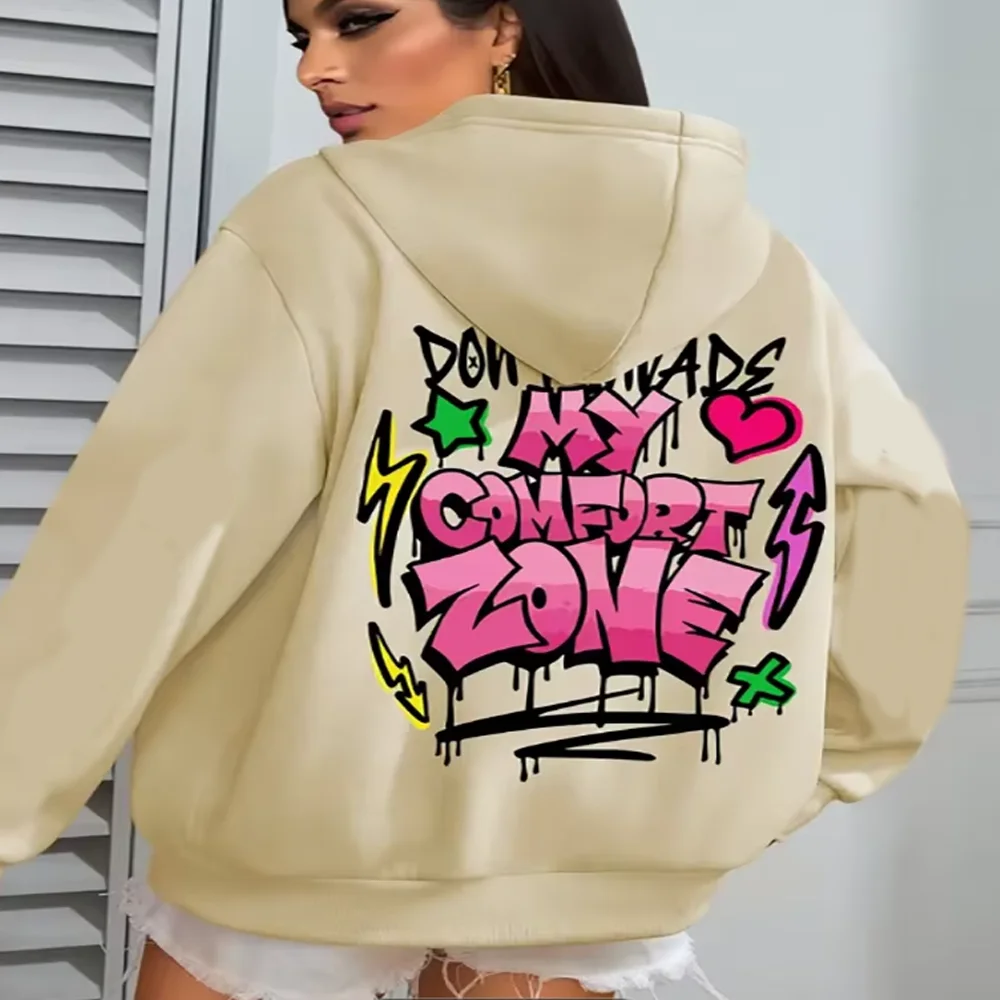 

Women's Apricot Hoodie with My Comfort Zone Graffiti Graphic Print Oversized Fit Drawstring Hooded Sweatshirt Casual Streetwear