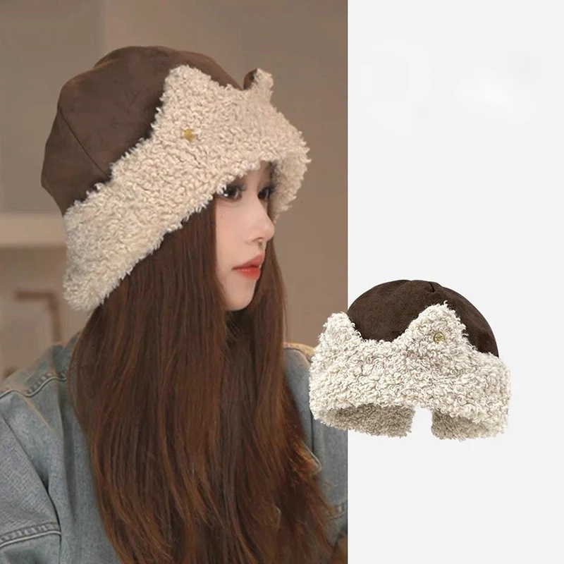 Cute Cat's ears (Steamed cat-ear shaped bread) Lamb Fleece Lei Feng Hat Autumn and Winter Cycling Warm Show Face Small Ear Prot