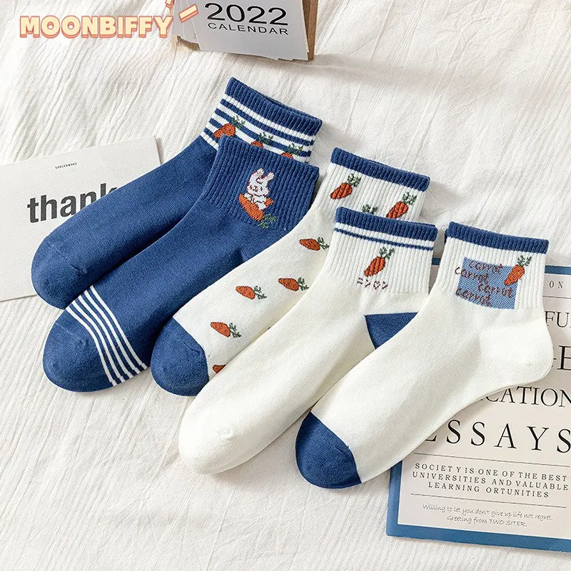 

Blue Women Pure Cotton Socks Ins Tide Boat Sock Spring Summer and Autumn Thin Rabbit Carrot Cartoon Japanese Cute Girl Socks