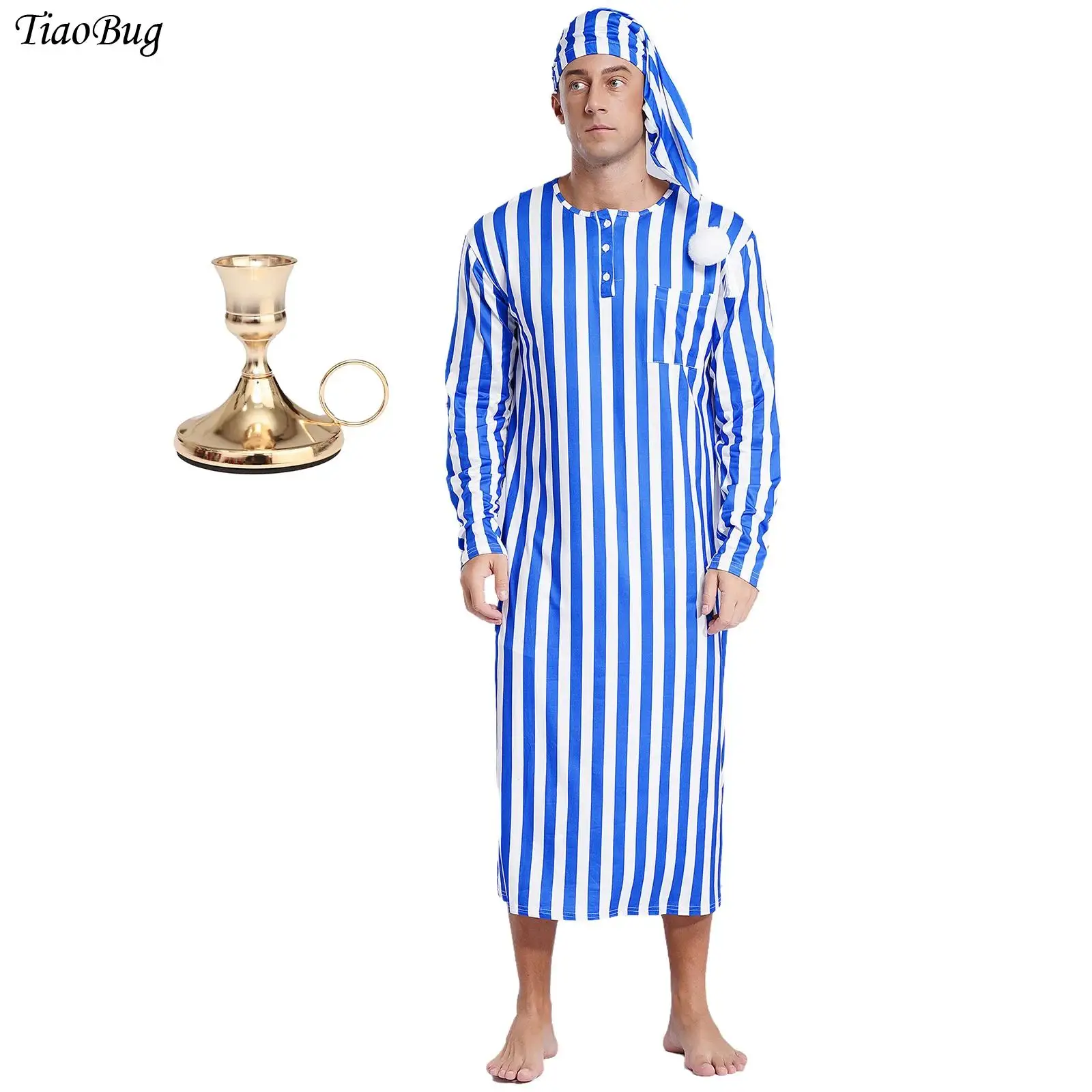 Conjunto de pijama divertido para hombre, camisón navideño a rayas para dormir, bata holgada de manga larga para dormir con sombrero, vestido tipo candelabro