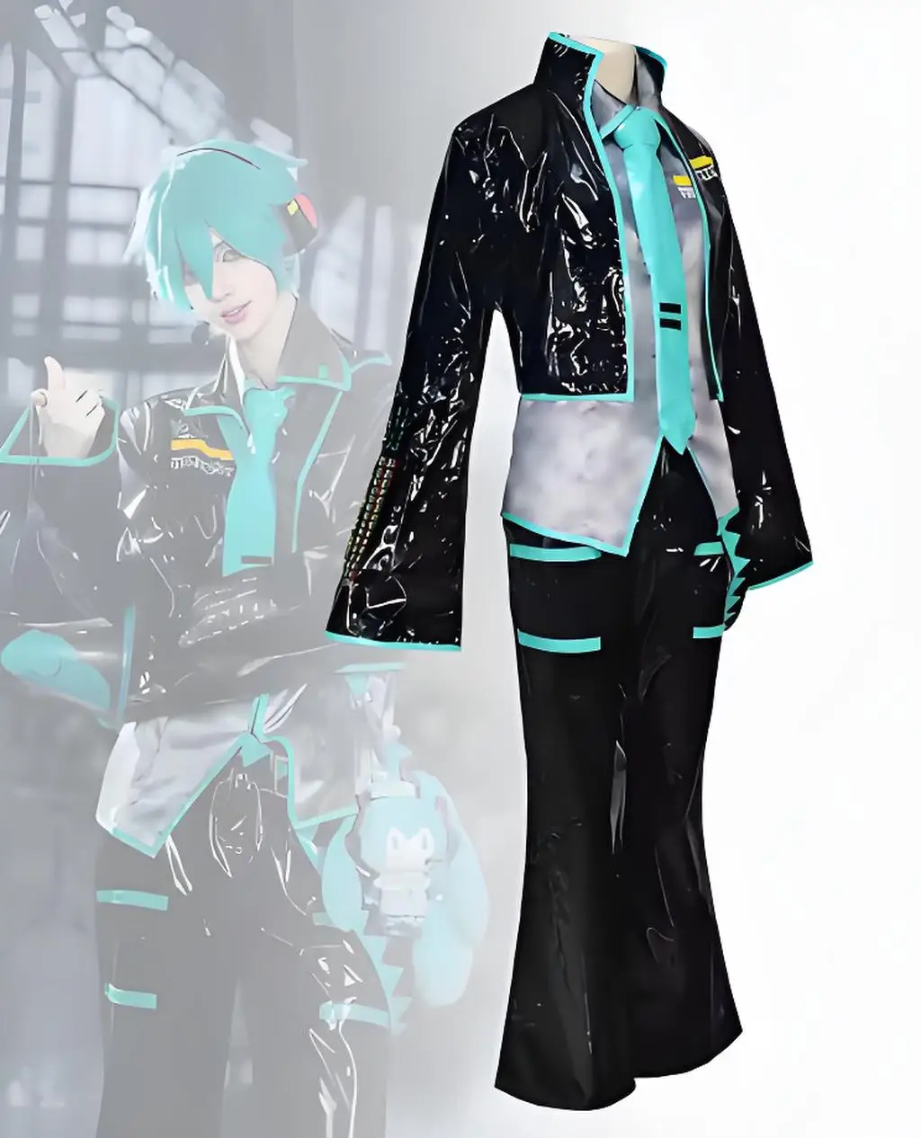 Green Themed Anime Male Cosplay Costume Complete Set with Black Jacket and Green Wig, Customizable Sizes view 2