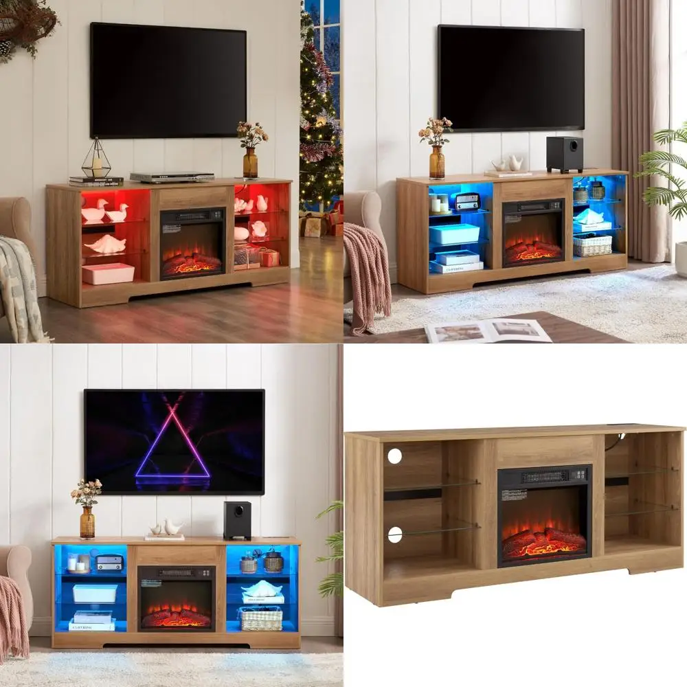 65インチテレビエンターテイメントセンター、電気暖炉、調節可能なLEDライト、収納棚付き