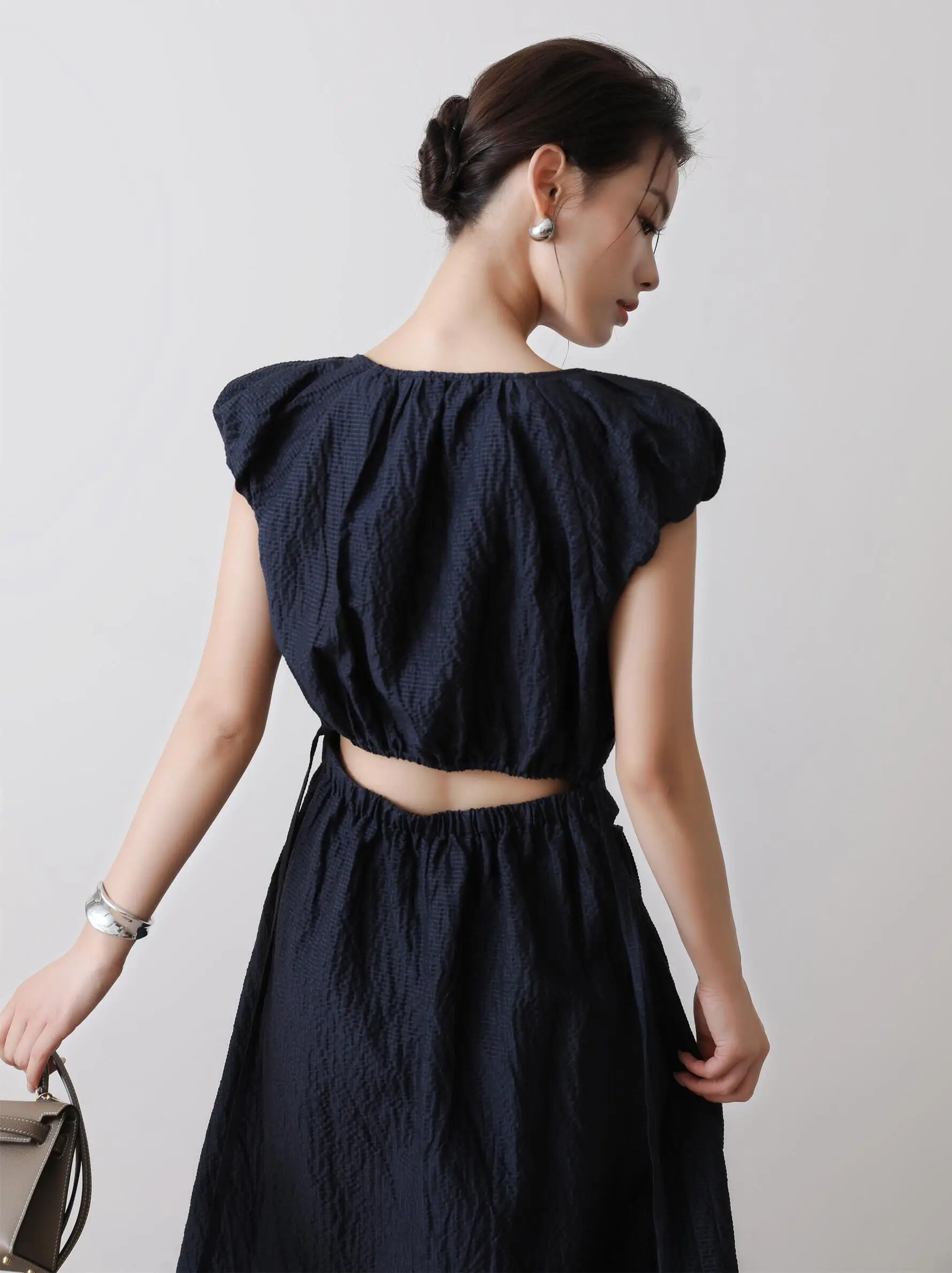 

3HLADY Silk Linen Pleated Proc Relief Bubble Cloth Texture Bal Bubble Sve Dr Women's Summer Faion Dr