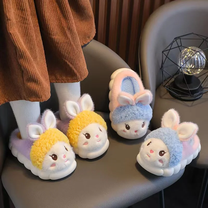 Children\'s Home Cotton Slippers Cartoon Rabbit Anti-slip Indoor Warm Winter Fluffy Slippers Girls Princess Shoes Slippers Kids