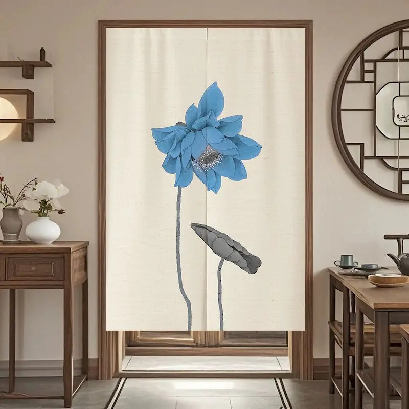 VIKAMA Ink Blue Lotus Single, Noren Door Curtain, 6 Designs, Doorway Decor for Bedroom Living Room Kitchen