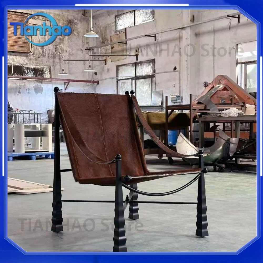Hammock Chair for Retro Handmade Genuine Leather | Wavy Black Metal Frame Camping Furniture for Indoor and Outdoor Relaxation