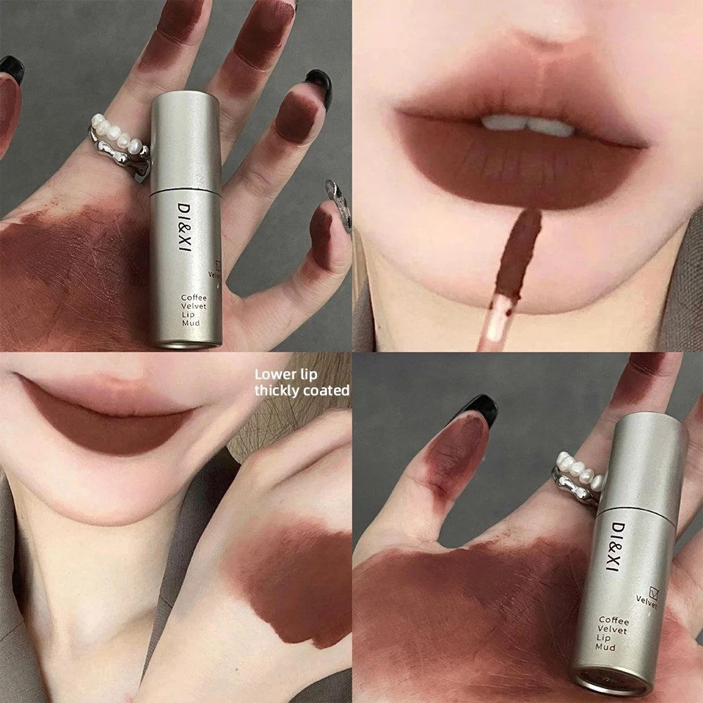 Lápiz labial de terciopelo resistente al agua, lápiz labial líquido de terciopelo, tubo plateado pequeño, marrón oscuro, mate, tinte de labios duradero, cosméticos