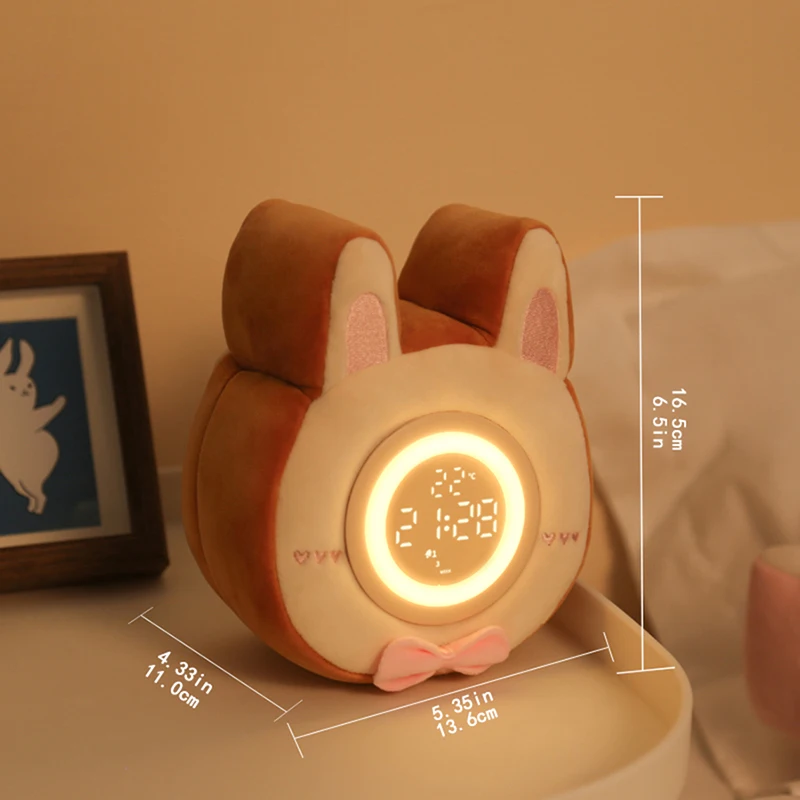 Cute bunny plush alarm clock light to accompany sleep at night and wake up children in the morning cartoon doll is a great gift