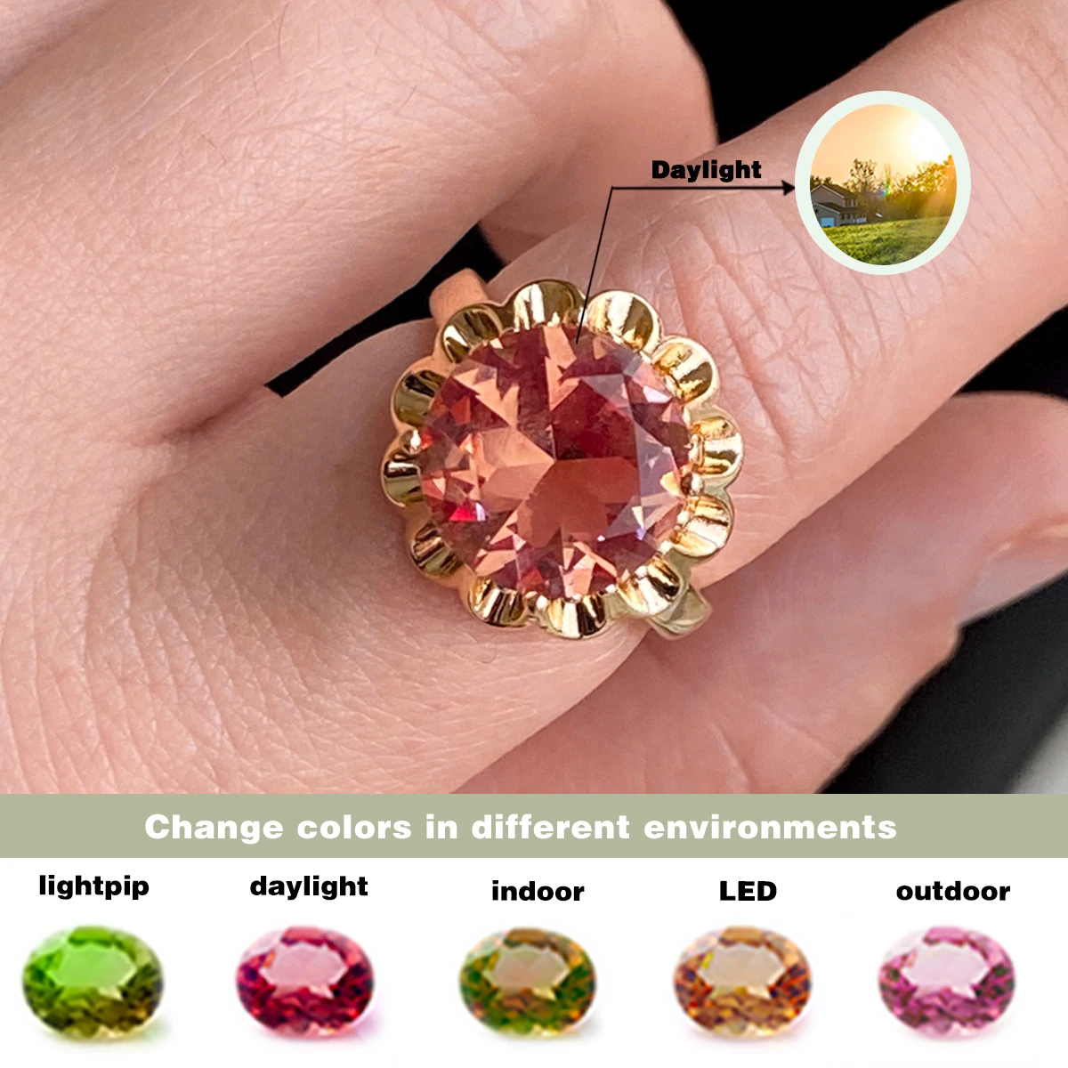 Vintage Turkish Sunflower Rings for Women, Synthetic Sultanite Color Change Stone, Lab-Created Round Diaspora Copper Ring