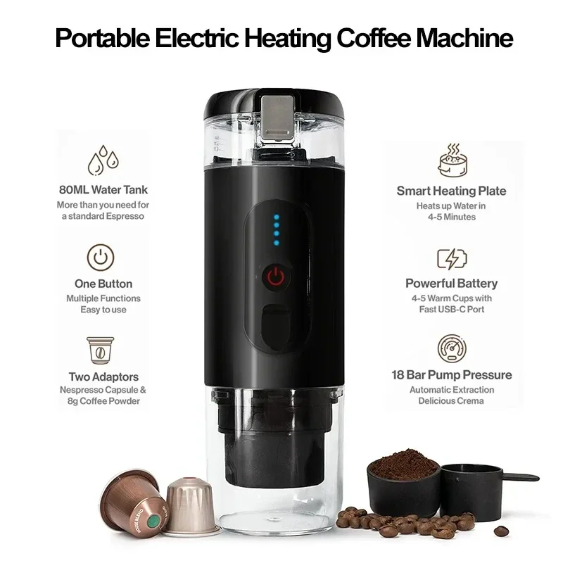 Portable Coffee Maker Travel Coffee Machine Compatible with Capsule and Coffee Powder USB Charging for Outdoor Car Office