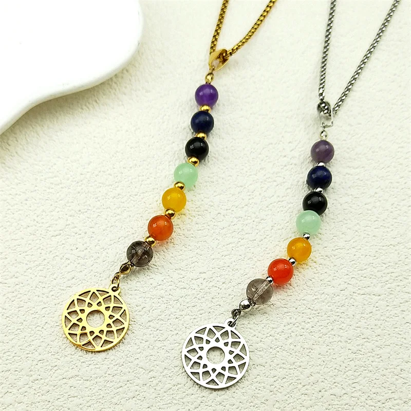 

7 Chakra Yoga Sahasrara Chakra Necklace Lotus Hinduism Natural Stone Beads Long Chain Necklaces Reiki Healing Balancing Jewelry