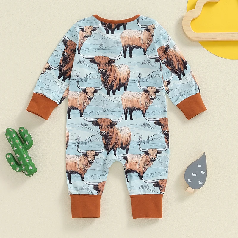 Baby Girls Boys Romper Highland Cow Print Long Sleeve Crew Neck Jumpsuits Fall Casual Clothes Infant Bodysuits