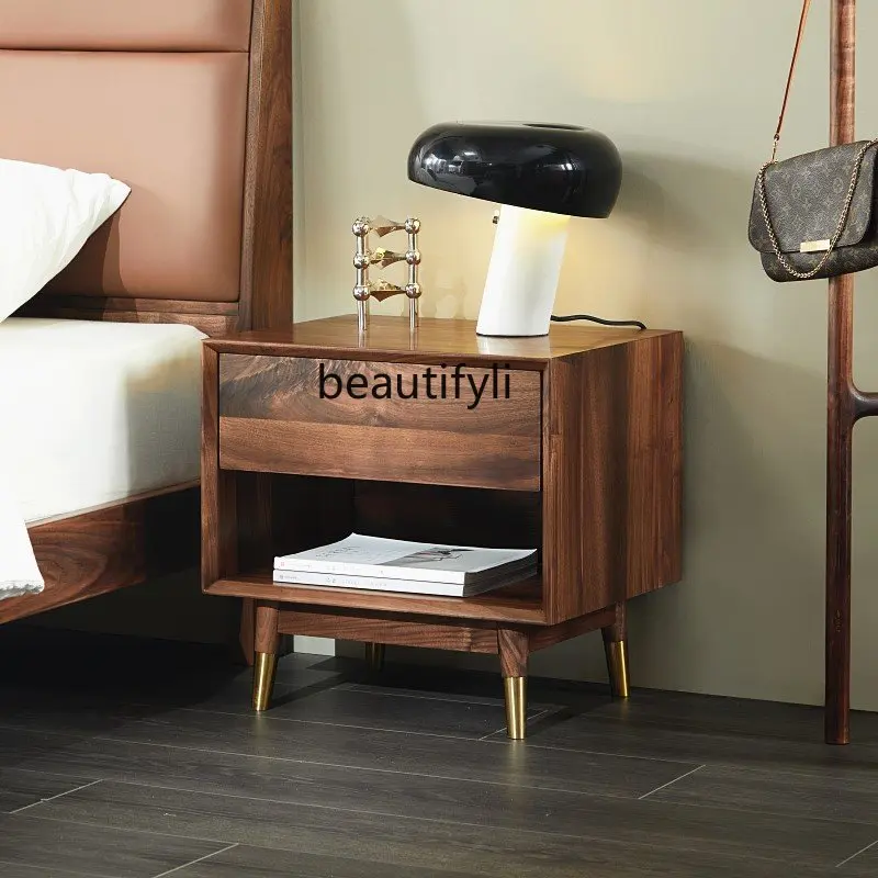 

Nordic Black Walnut Wooden Bedside Table Single Drawer Compartment Bedroom Side Cabinet Light Luxury Storage Cabinet