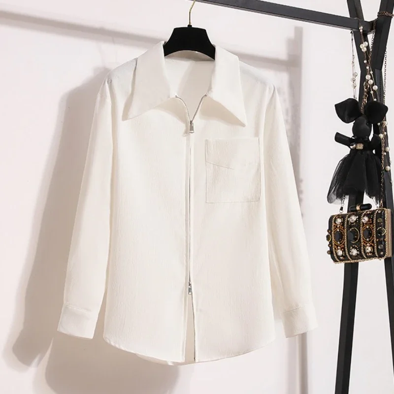 

Женская одежда, рубашка больших размеров на молнии, весна-осень 2021, новая корейская свободная темпераментная повседневная белая блузка с длинными рукавами