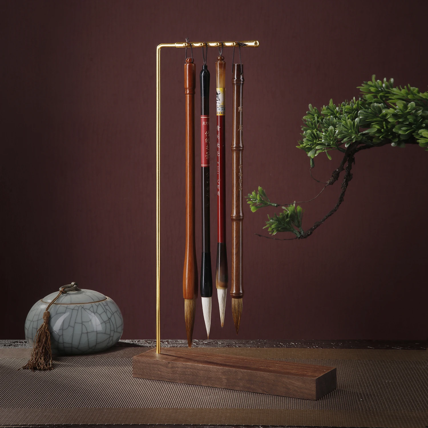 Meatl Chinese Brush Pen Holder with Walnut Base Calligraphy Rest Ink Hanger 8 Needles Writing Brush Holder