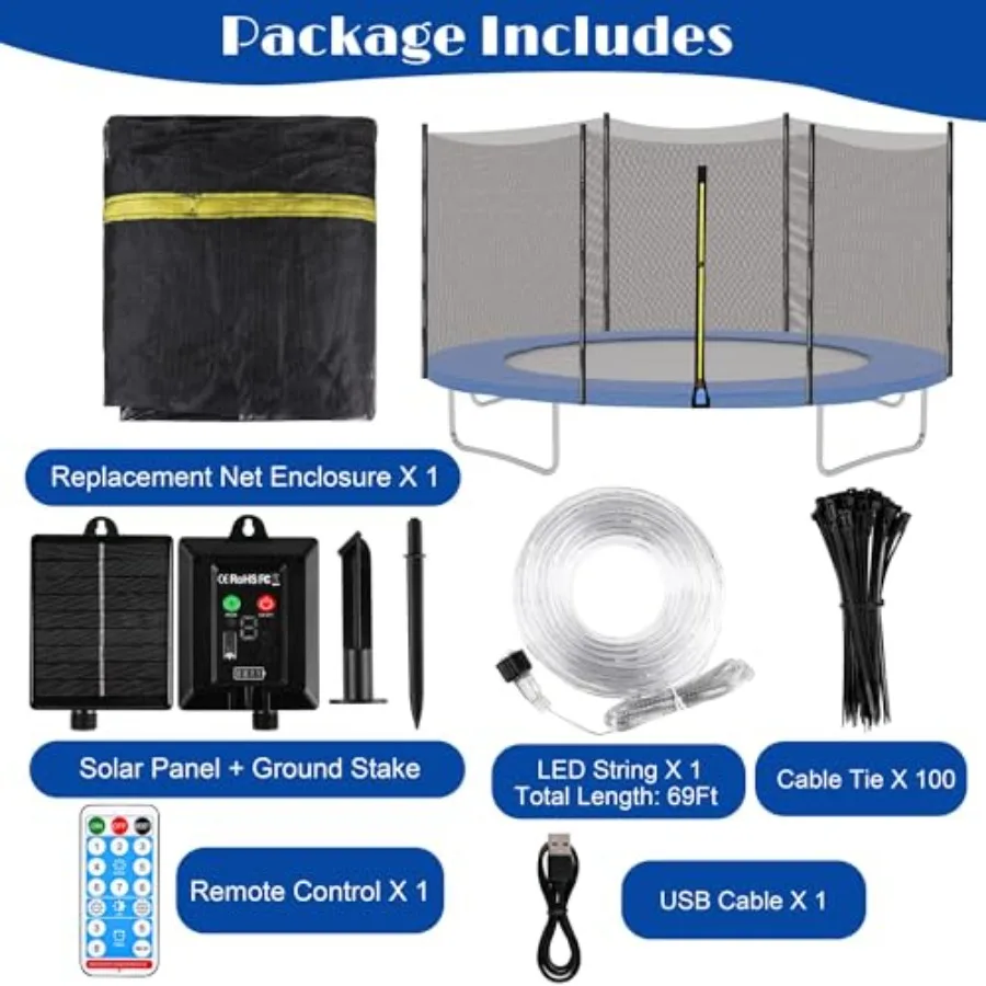 Trampoline Replacement Net 14Ft for Round Frame Weather-Resistant Breathable Mesh with Solar Rope Lights Black Safety Enclosure