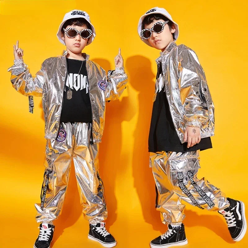 Hip Hop Boys Silver Jacket Girls Jazz Jogger Pants Street Dance Mini Skirt Clothes Sets Kids Sequin Costumes Child Streetwear