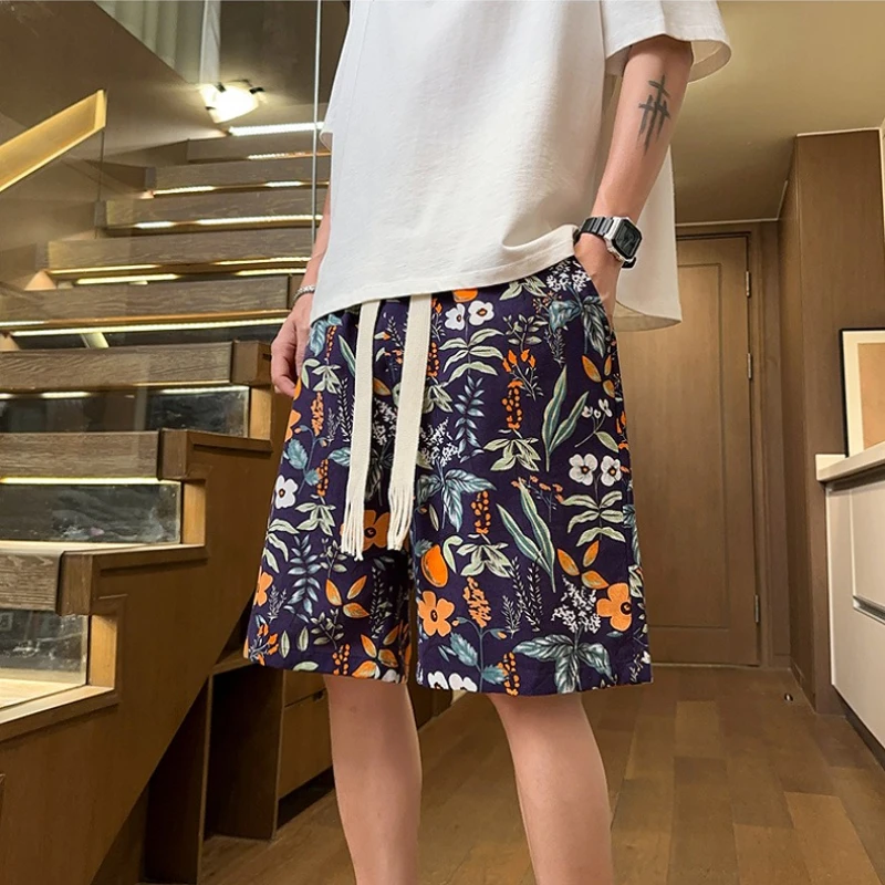 

Summer Vintage Hip Hop Ethnic Cotton Linen Shorts Men High Street Casual Loose Short Pants Man Vacation Beach Floral Shorts Men