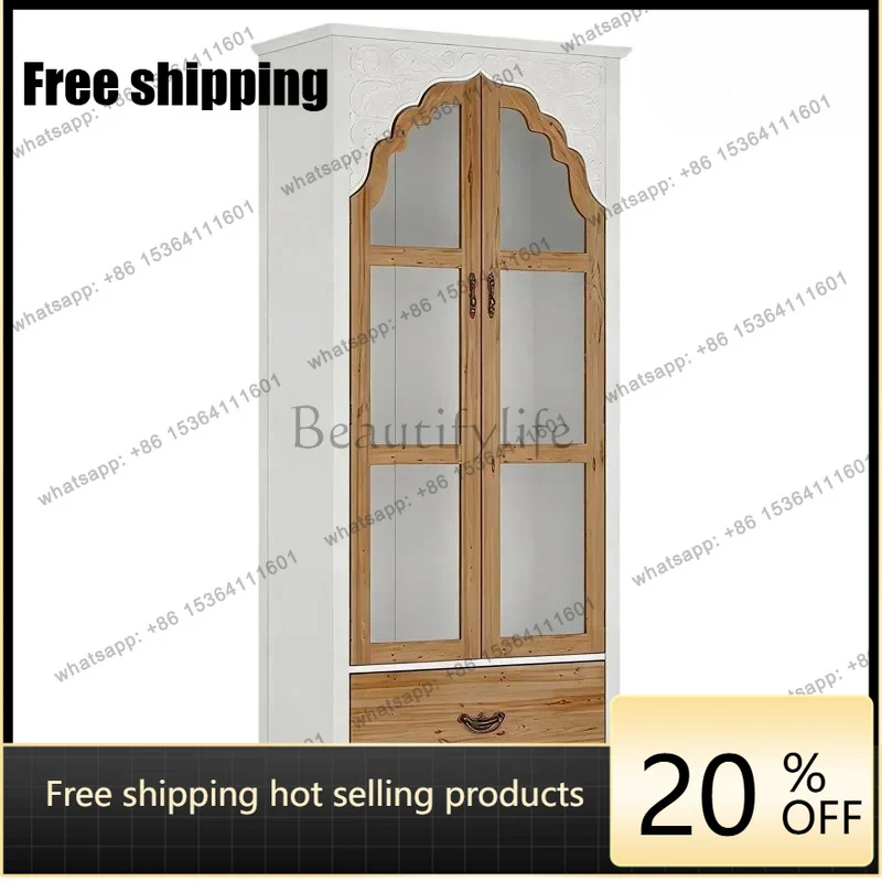 zj.American-style light luxury solid wood bookcase, natural wood-style two-tone glass door, French vintage carved sideboard