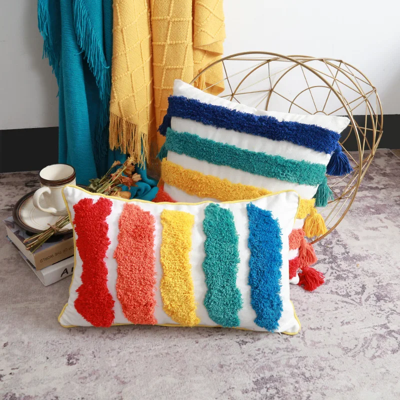 Decoration Rainbow Cushion Cover 30x50cm 45x45cm Tufted Colorful Throw Pillow Case For Living Bed Girls Kids Room Home Decor