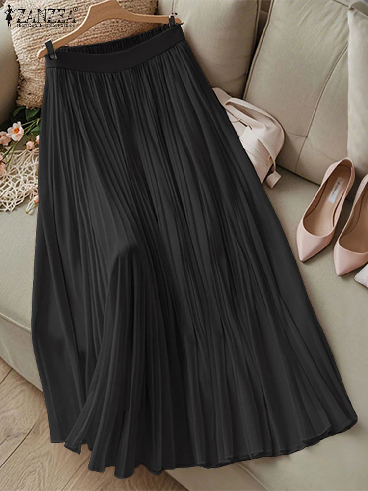 Autumn Elastic Waist Office Skirts 2025 ZANZEA Women Jupe High Waist Solid Pleated Midi Skirt Elegant A Line OL Work Faldas Saia