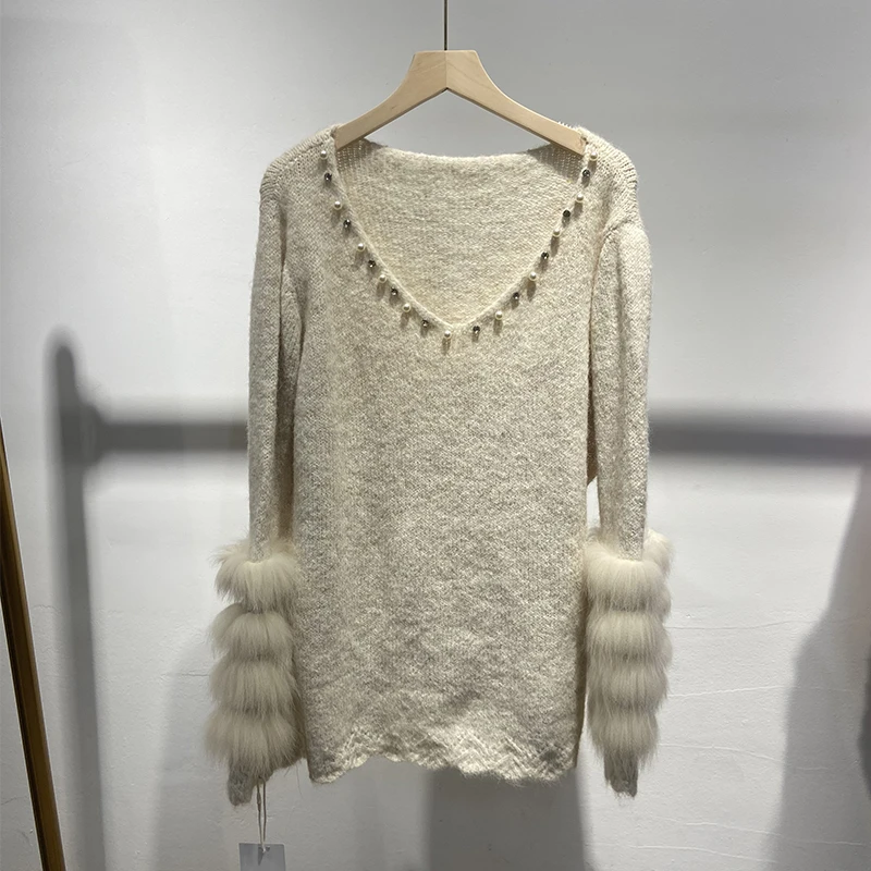 2025 가을 여성 비즈 장식 리얼 폭스 퍼 스웨터 리얼 퍼 봄 신상 니트 자켓