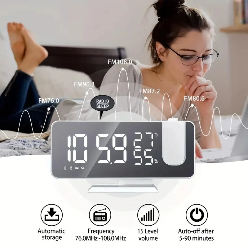 LED 180° Projection FM Radio LED Digital Smart Alarm Clock Multifunctional Temp Humidity Table Clock 12/24H Snooze Clock