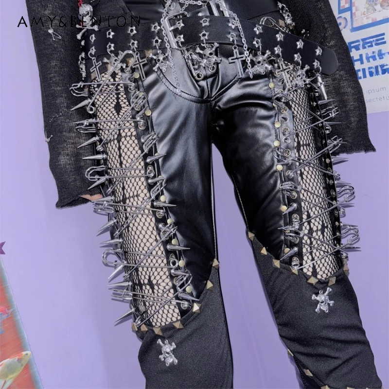 

European American Design Black Punk Hollow PU Leather Women's Trousers Gothic Dark Brooch Heavy Craft Slimming Long Pants Ladies