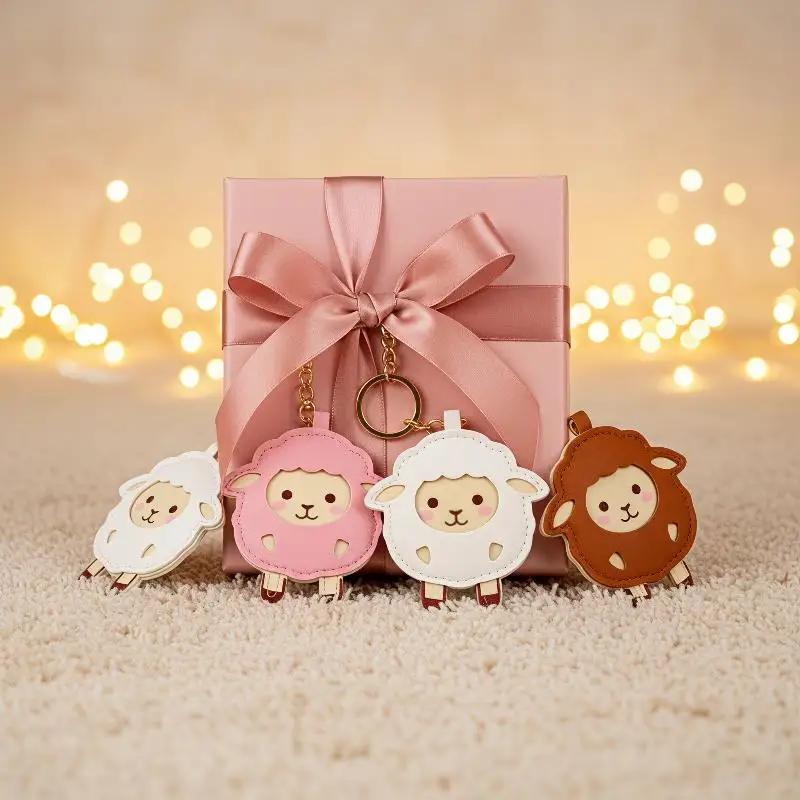 Cute Cartoon Sheep PU Leather Keychain Soft Durable Adorable Bag Ornament for Backpack Purse Key Holder Daily Use