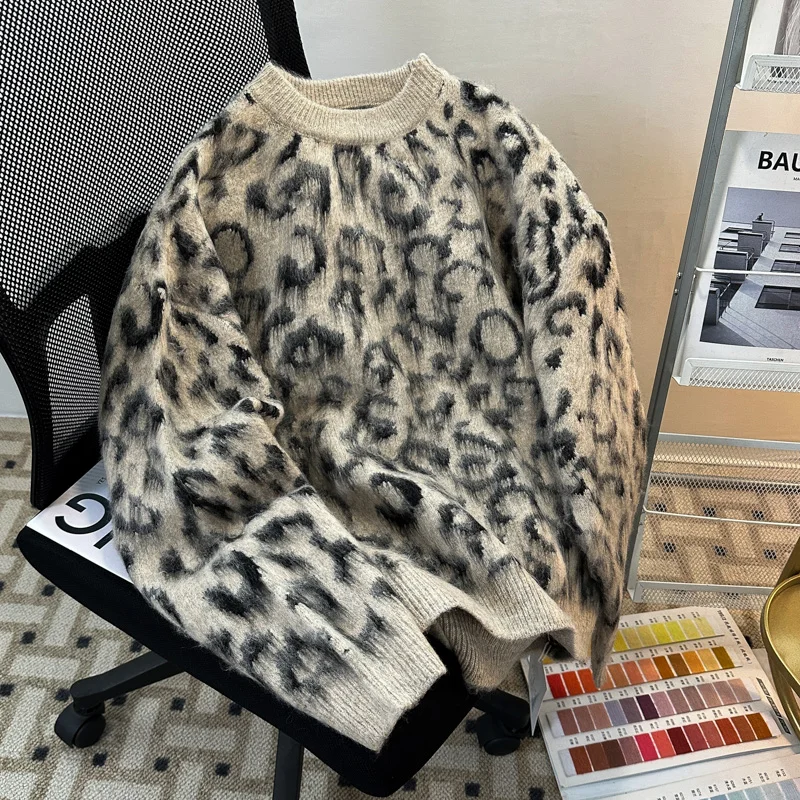 Women Leopard Pullover Knitted Sweater Harajuku Aesthetic Y2k Large Size Long Sleeves Sweaters Fashion Vintage 2000s Clothes