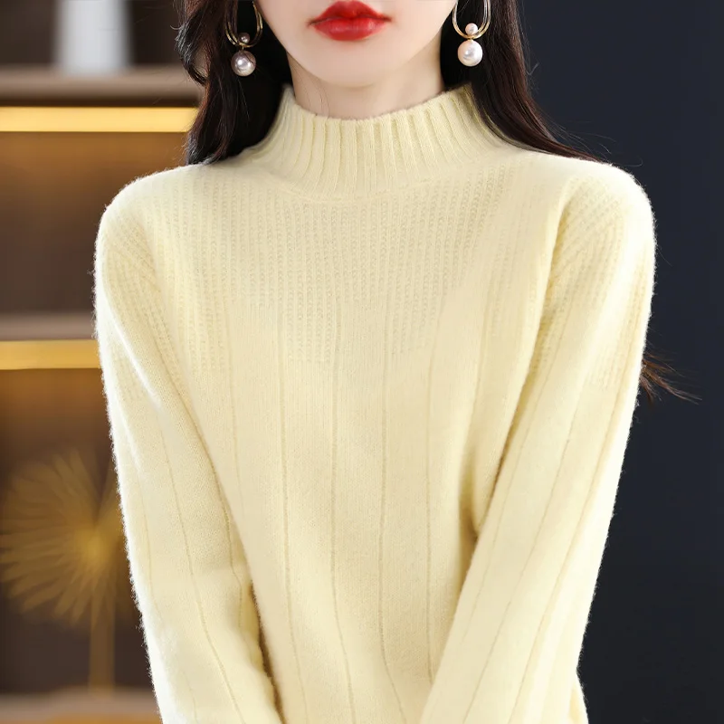 

Wide stripe half high collar solid color new top women's pullover high-end loose autumn and winter Blouse