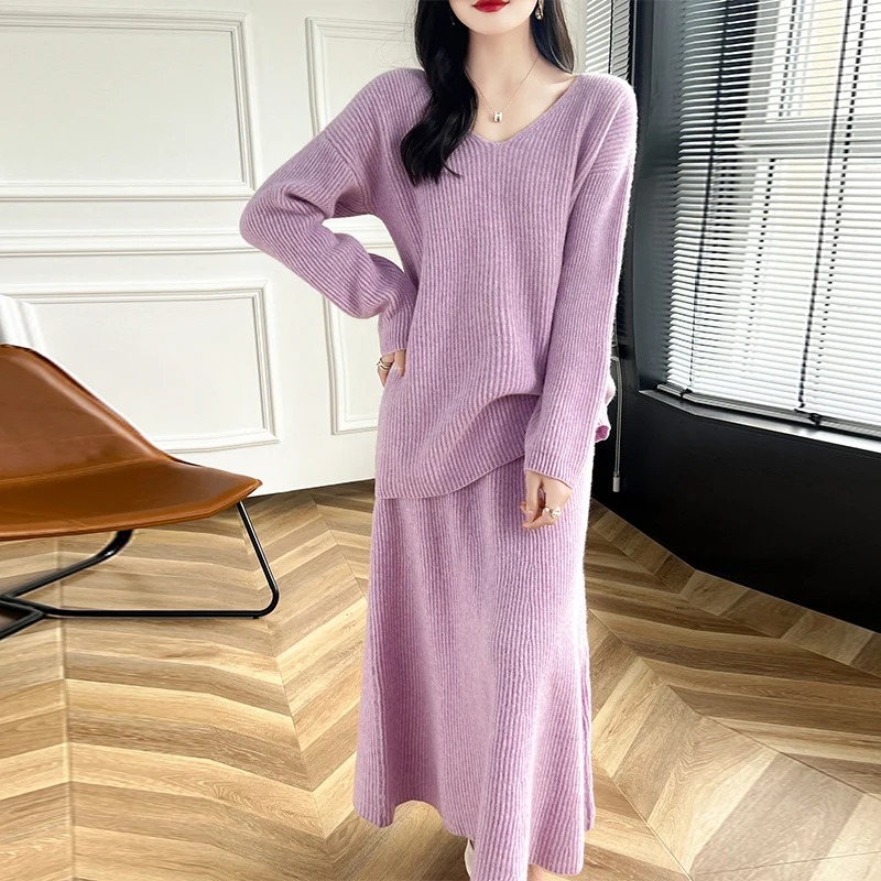 2024 Autumn/Winter Wool Suit Hot Sale Women Pure Wool Sweaters And Pants 100% Wool Knitted Loose  Leisure Warm Wool Set