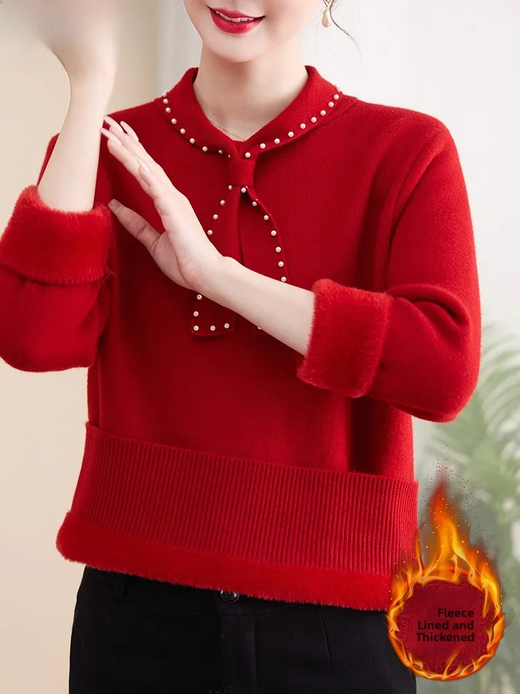 

Красный утепленный вязаный свитер для женщин, модный, свободного кроя, с круглым вырезом, короткий рукав, из полиэфирного волокна, зимняя одежда для женщин среднего возраста