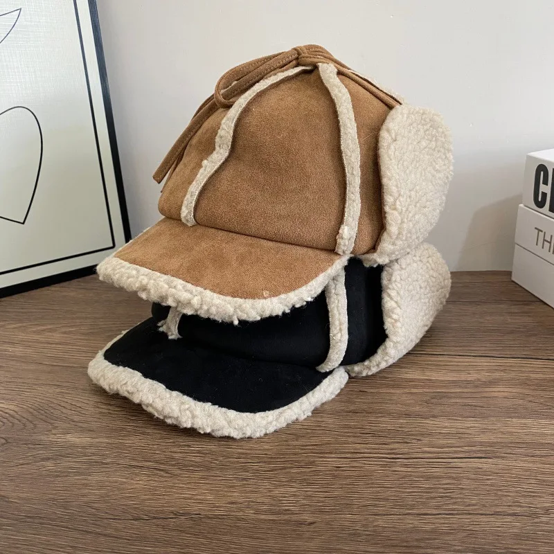 black camel suede winter caps with earflaps thickened plush lining women winter hats