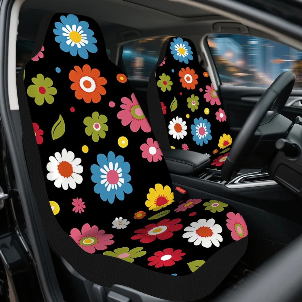 2pcs Floral Blooms On Black Car Seat Cover Set – Universal Fit For Most Cars, High-Quality Durable Seat Protectors, Stylish Fron