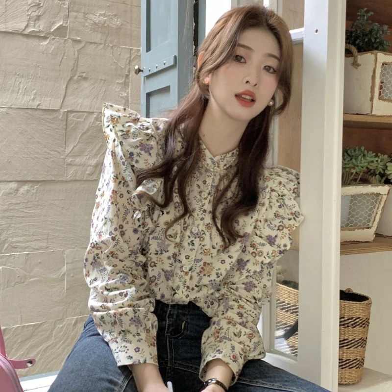 Floral Shirts Women Ruffles Vintage Prairie Chic Tops Sweet All-match French Style Aesthetic Students Casual Streetwear Tender