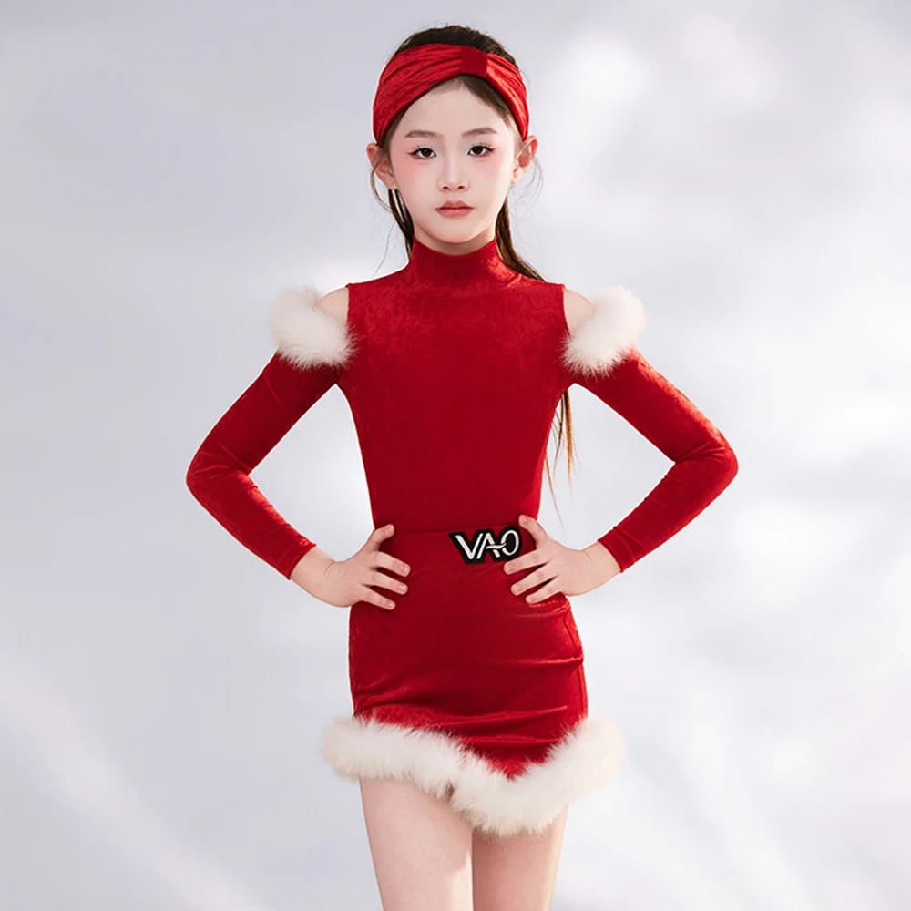 

Детское платье для латинских танцев, зимнее красное бархатное платье с длинными рукавами, рождественская одежда для девочек, платье для танцев ча-ча, костюм BL18148