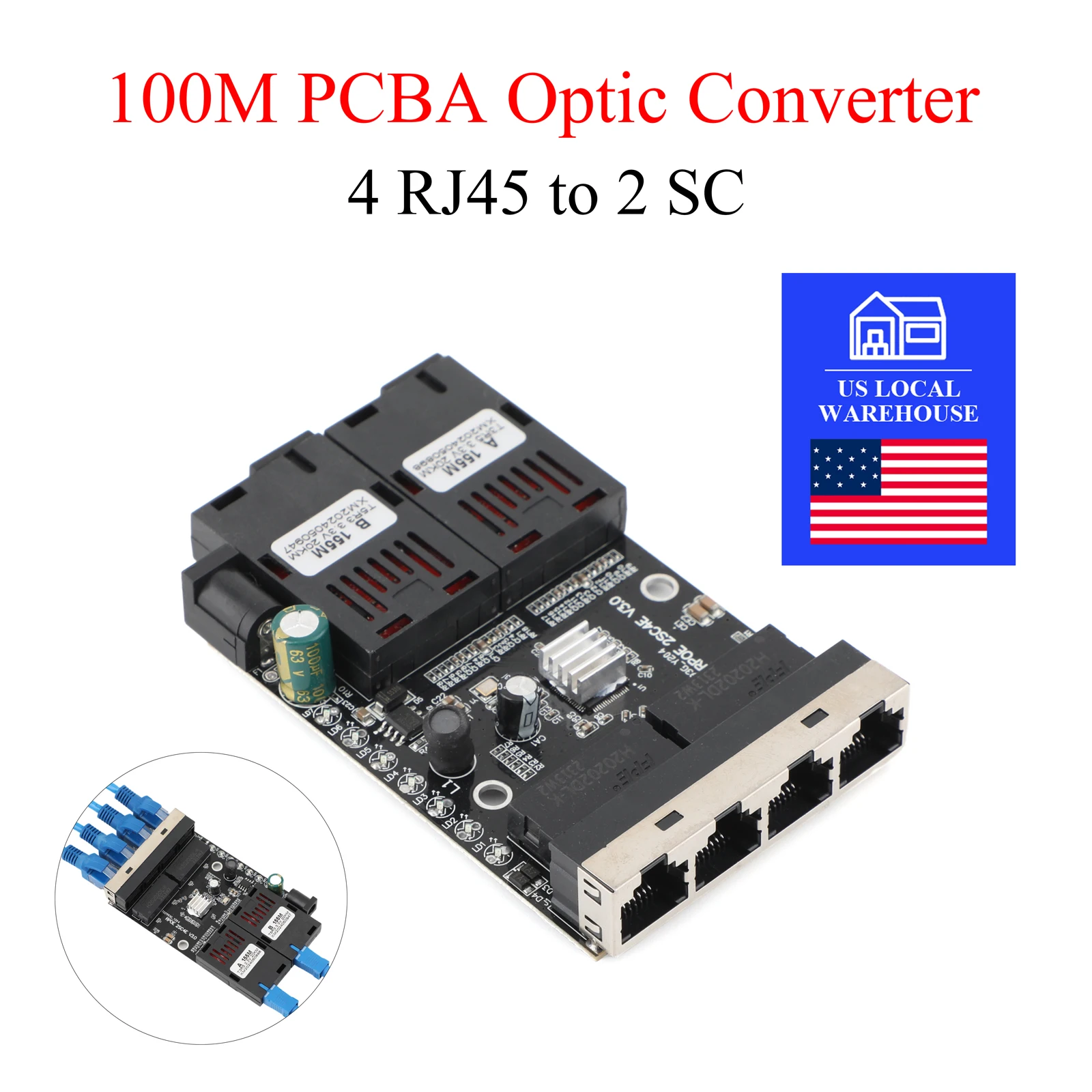 

Оптический медиаконвертер US 1 шт., 100 Мбит/с, 4 RJ45 на 2 SC (A+B), 20 км, 1310 нм/1550 нм, Ethernet-коммутатор